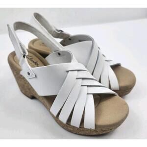 Clarks Collection Womens 5 M White Leather Clog Heels Cork Sandals Shoes
